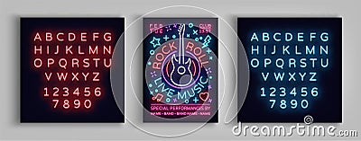 Rock n roll live music. Typography, Poster in neon style, Neon sign, Flyer Design template for rock festival, concert Vector Illustration