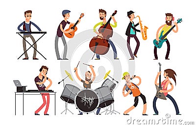 Rock n roll music band vector characters with musical instruments. Musicians playing music Vector Illustration