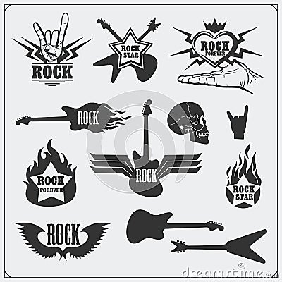 Rock`n`Roll music symbols, labels, logos and design elements. Vector Illustration