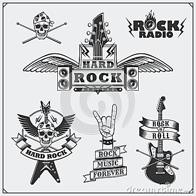 Rock`n`Roll music symbols, labels, logos and design elements. Vector Illustration