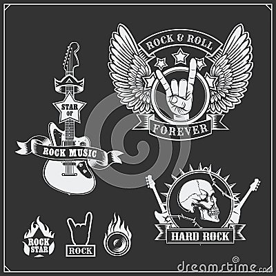 Rock`n`Roll music symbols, labels, logos and design elements. Vector Illustration