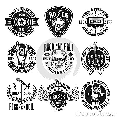 Rock n roll music vintage emblems, labels, badges Vector Illustration