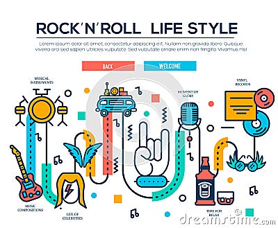 ROCK'N'ROLL outline icons collection set. Music equipment linear symbol pack. Modern template of thin line icons, logo Vector Illustration