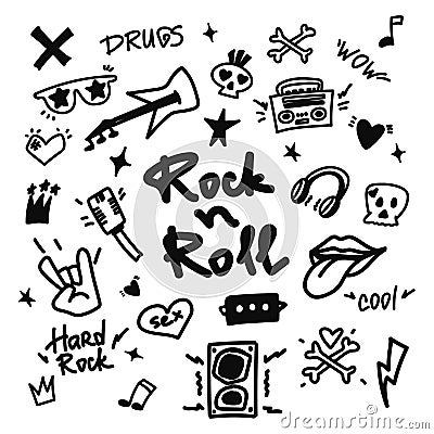 Rock n roll, punk music doodle set. Graffiti, tattoo hand drawn sticker, text, skull, heart, skate, gesture hand. Grunge Vector Illustration