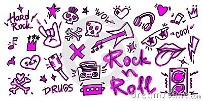 Rock n roll, punk music doodle set. Graffiti, tattoo hand drawn sticker, text, skull, heart, skate, gesture hand. Grunge Vector Illustration