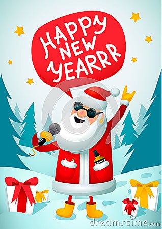 Rock-n-roll Santa. Singing Santa Claus - rock star with microphone on blue christmas background. Christmas hipster Vector Illustration
