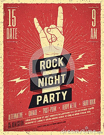 Rock Night Party Poster. Vintage Styled Vector Illustration. Vector Illustration