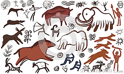 Rock paintings primitive in caves on the walls ancient world hunting scenes Cartoon Illustration