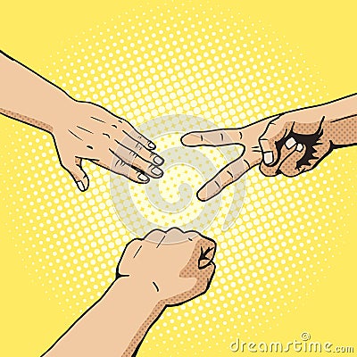 Rock paper scissors hand game pop art style vector Vector Illustration