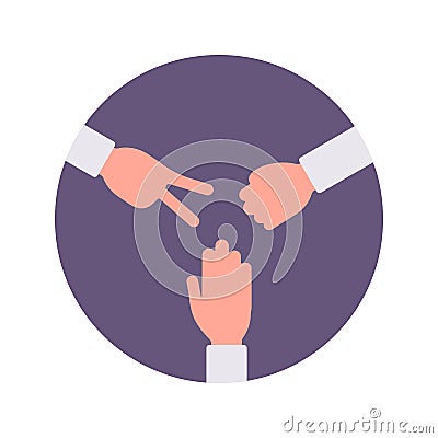 Rock, paper, scissors handsign in a purple circle Vector Illustration