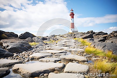 rock path leading to an isolated lighthouse Stock Photo