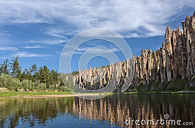 Rock pillars and river in taiga fores Stock Photo