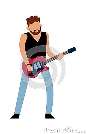 Rock or pop musician. Cartoon male guitarist character in jeans with red electric guitar plays melody, music show Vector Illustration