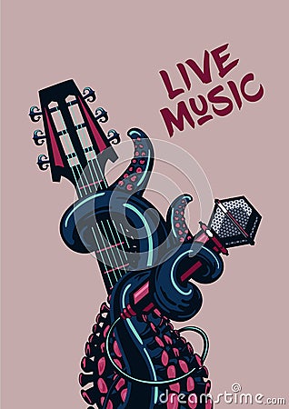 Octopus musician. Live music. Rock poster with a guitar, microphone and tentacles. Vector Illustration