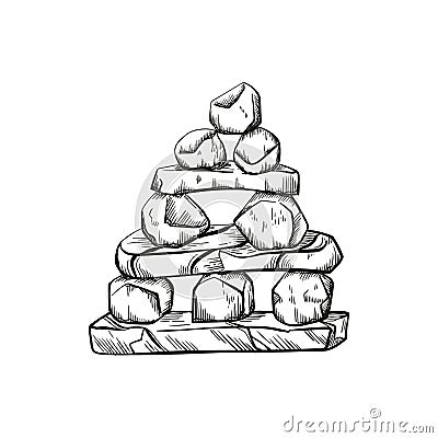 Rock Pyramid Balancing vector illustration. Stone Stacking Art, sketch style print. Balancing and stack rocks emblem. Vector Illustration