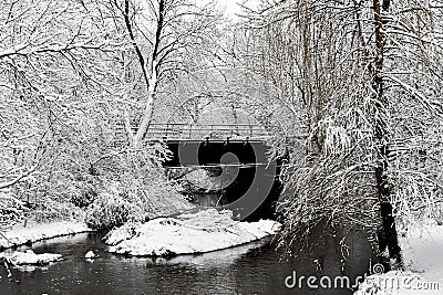 Rock River in Winter Snow with Bridge - Genoa City, WI Stock Photo