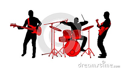 Rock and roll band vector silhouette illustration. Musician play bass guitar and drums on stage. Super star music concert show. Stock Photo