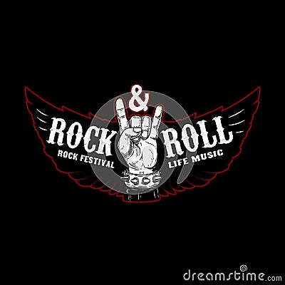 Rock and roll festival. Rocker sign and wings. Design element for logo, label, emblem, sign, poster. Vector Illustration