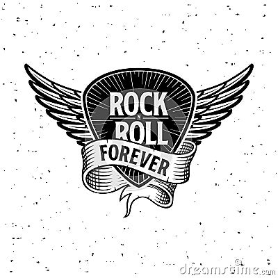 Rock and Roll forever plectrum, ribbon and wings Vector Illustration