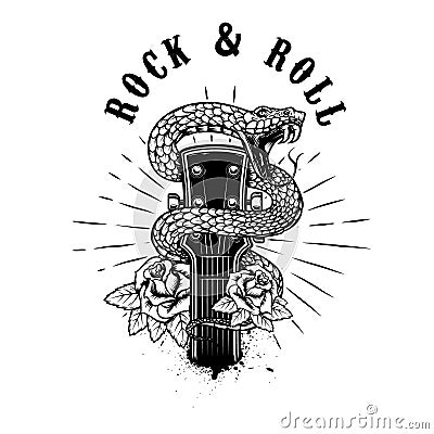 Rock and roll .Guitar head with snake and roses. Design element for poster, card, banner, emblem, t shirt. Vector Illustration