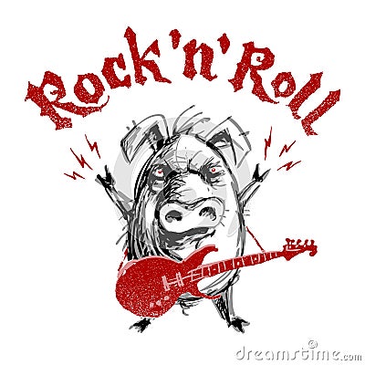 Rock and roll lettering with cartoon pig Vector Illustration