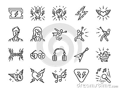 Rock and Roll line icon set. Included the icons as rocker, leather boy, concert, song, musician, heart, guitar and more. Vector Illustration