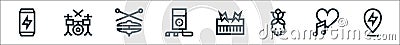 rock and roll line icons. linear set. quality vector line set such as rock n roll, love, skull, keyboard, mp player, hi hat, drum Vector Illustration