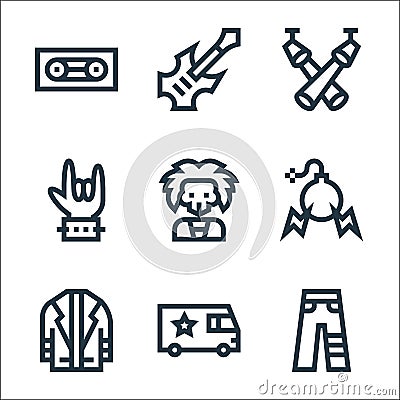 rock and roll line icons. linear set. quality vector line set such as trousers, van, leather jacket, bomb, skull, hand, spotlight Vector Illustration