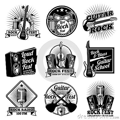 Rock and roll music vector labels. Vintage heavy metal emblems set Vector Illustration