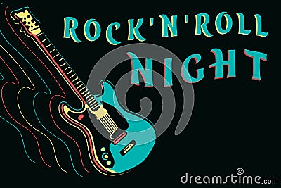 Rock and roll night design with neon guitar, vector illustration on dark background Stock Photo