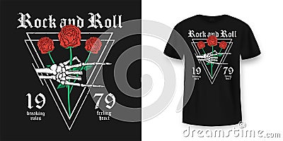 Rock and Roll t-shirt design. Skeleton hand is holding red roses. Vintage rock music style graphic for t-shirt print, slogan t- Vector Illustration