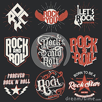 Rock and Roll t-shirt print set. Vector Vector Illustration