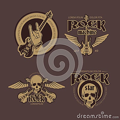 Rock and Roll vector color vintage emblems, labels, badges, logos set Vector Illustration