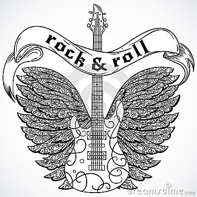 Rock and roll. Vintage poster with electric guitar, ornate wings and ribbon banner. Retro vector illustration. Vector Illustration