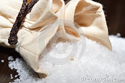 Rock salt in a jute bag - closeup of salt mineral crystals Stock Photo