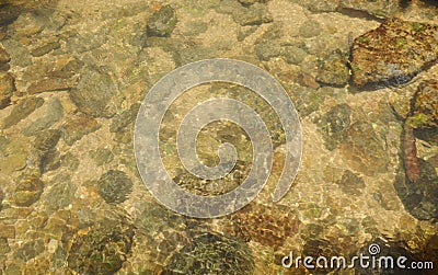 Rock and sand on river ground with clear water Stock Photo