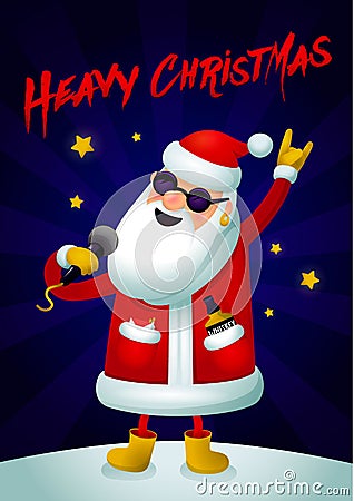 Rock Santa. Singing Santa Claus - rock star with microphone on dark background. Christmas hipster poster for party with Vector Illustration