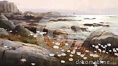 Rock Scene With White Flowers In Scarlett Hooft Graafland Style Stock Photo