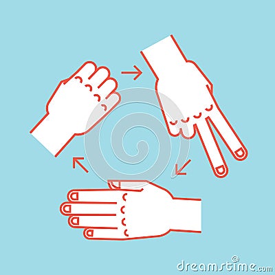 Rock, Scissors, Paper. Gestures. Stylized hands in form of objects for hand game. Vector. Vector Illustration