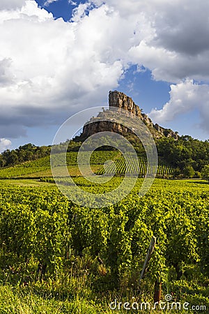 Rock of Solutre with vineyards, Burgundy, Solutre-Pouilly, France Stock Photo