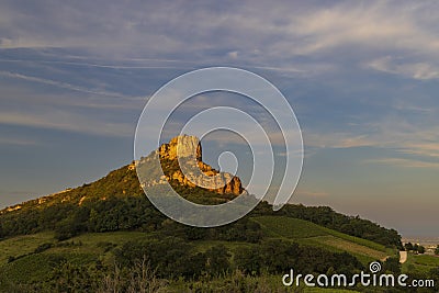 Rock of Solutre with vineyards, Burgundy, Solutre-Pouilly, France Stock Photo