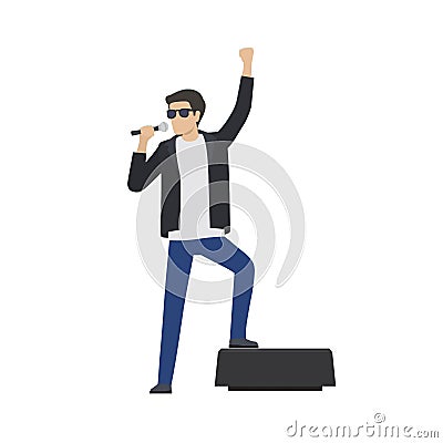 Rock Star in Leather Jacket Sing in Microphone Vector Illustration