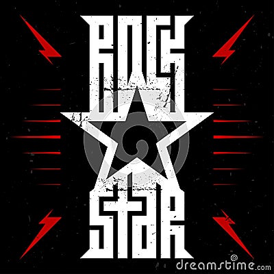 Rock star - music poster with red lightnings and stars. Rockstar - t-shirt design. T-shirt apparels cool print with star. Vector Illustration