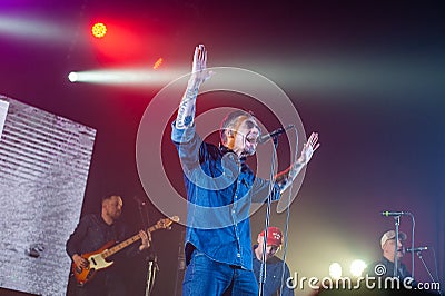 Rock star Sergey Mikhalok and Lyapis 98 during the concert Editorial Stock Photo