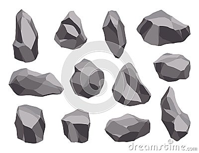 Rock stones or debris of mountain. Gravel, gray stone. Collection of various shapes, pieces of fossil stone. Polygonal Vector Illustration