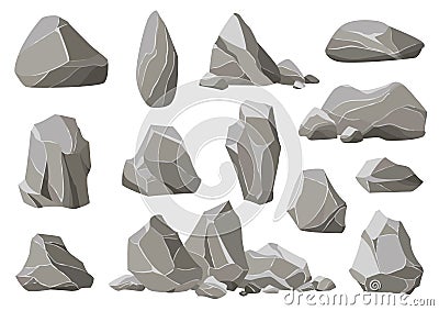 Rock stones and debris of the mountain. Gravel, gray stone heap of cartoon isolated vector icons illustration set Vector Illustration