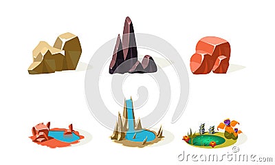 Rock stones, lakes, waterfall, elements of natural landscape, user interface assets for mobile app or video game vector Vector Illustration