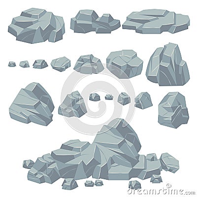 Rock stones. Natural stone rocks, massive boulders. Granite cobble cliff and stone heap for mountain landscape. Cartoon Vector Illustration