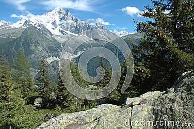 Rock, trees and peaks nearby Chamonix in Alps in France Stock Photo