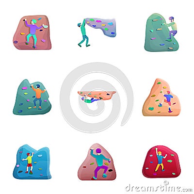 Rock wall climbing icon set, cartoon style Vector Illustration